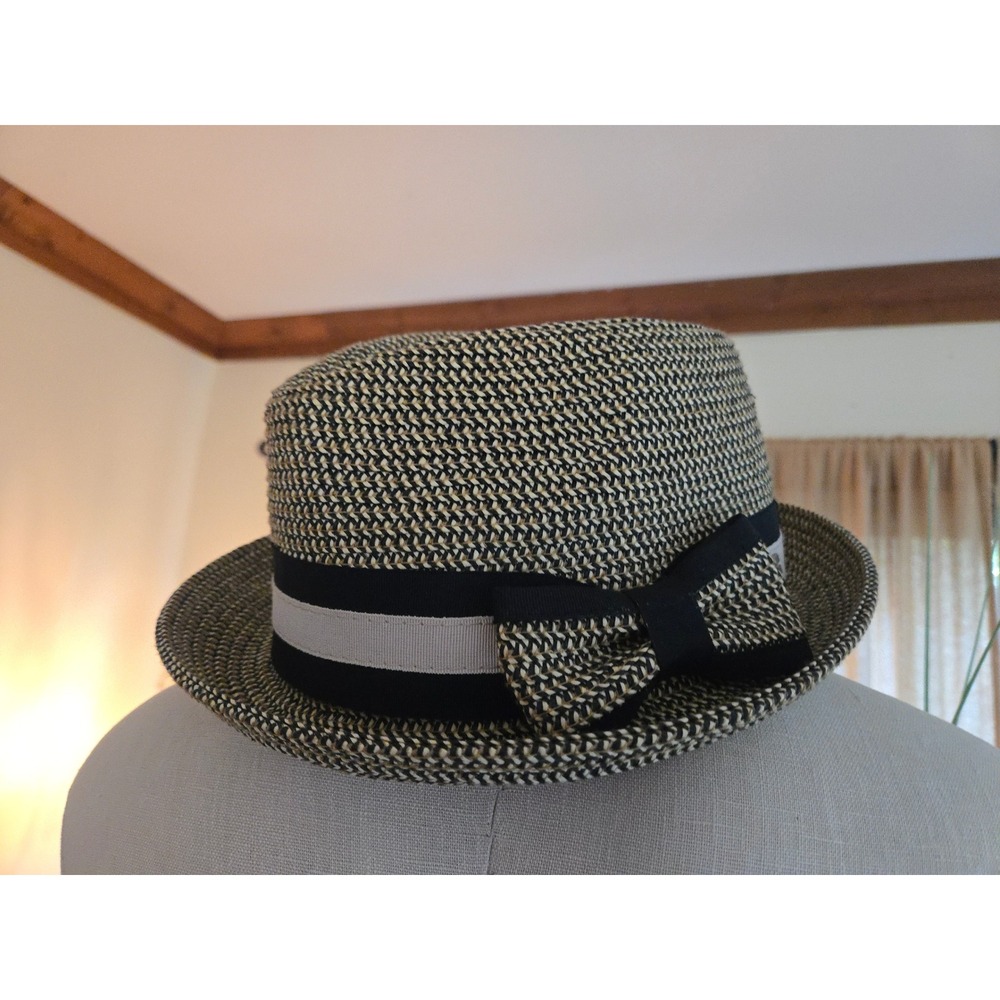 Betmar New York Women Black Tan Woven Straw Fedora Hat Bow Ribbon Sun Hat Size 7
